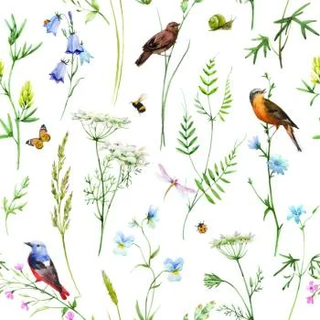 Tapeta Do Salonu Ptaki Kwiaty Liście Natura Motyle - obrazek 2