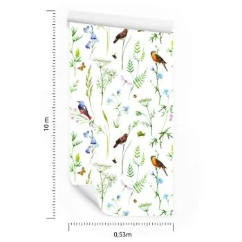 Tapeta Do Salonu Ptaki Kwiaty Liście Natura Motyle - obrazek 3