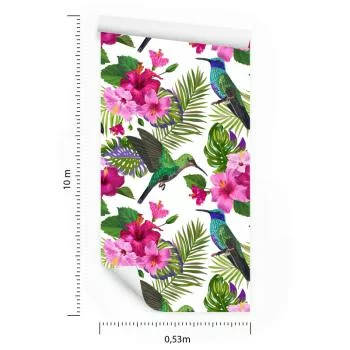 Tapeta Tropikalna - Kolorowe Kolibry, Liście I Kwiaty - obrazek 3