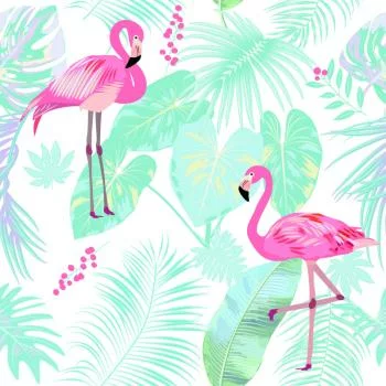 Tapeta Flamingi I Egzotyczne Liście W Pastelowych Kolorach - obrazek 2