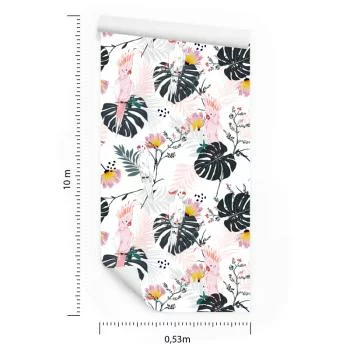 Tapeta Papugi I Tropikalne Liście I Kwiaty - obrazek 3