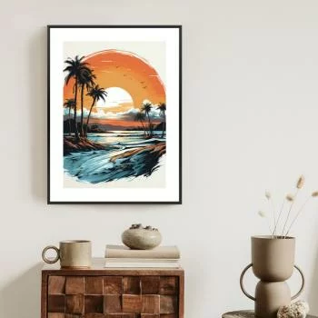 Plakat w ramie - zachód słońca z palmami i morzem