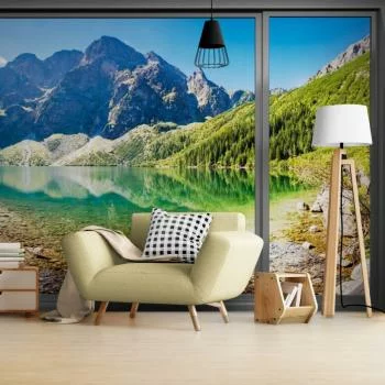 Duża fototapeta XXL - jezioro i góry za szybą